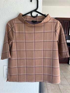 Ann Taylor Factory Taupe Plaid Short Sleeve Mock Neck Top